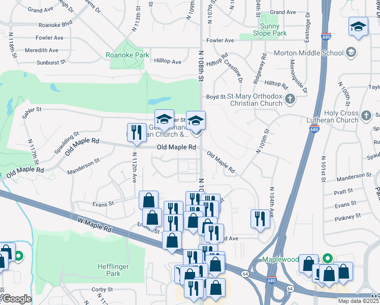 map of restaurants, bars, coffee shops, grocery stores, and more near 3810 North 108th Street in Omaha