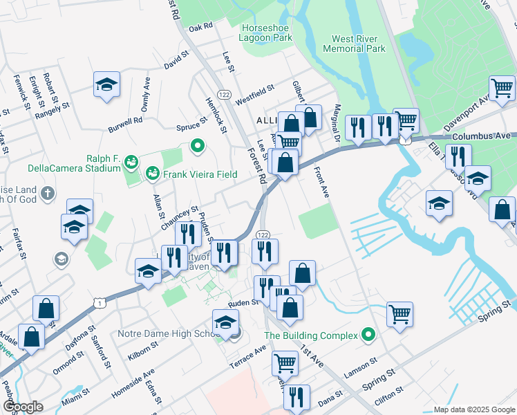 map of restaurants, bars, coffee shops, grocery stores, and more near 252 Boston Post Road in West Haven