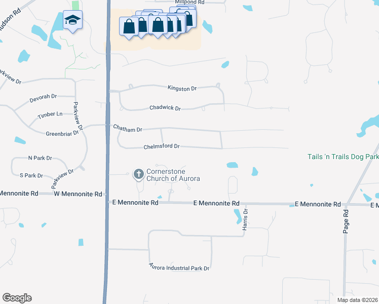 map of restaurants, bars, coffee shops, grocery stores, and more near 577 Dover Drive in Aurora