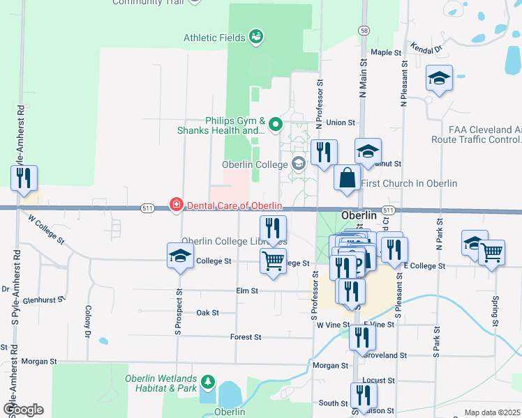 map of restaurants, bars, coffee shops, grocery stores, and more near 173 West Lorain Street in Oberlin