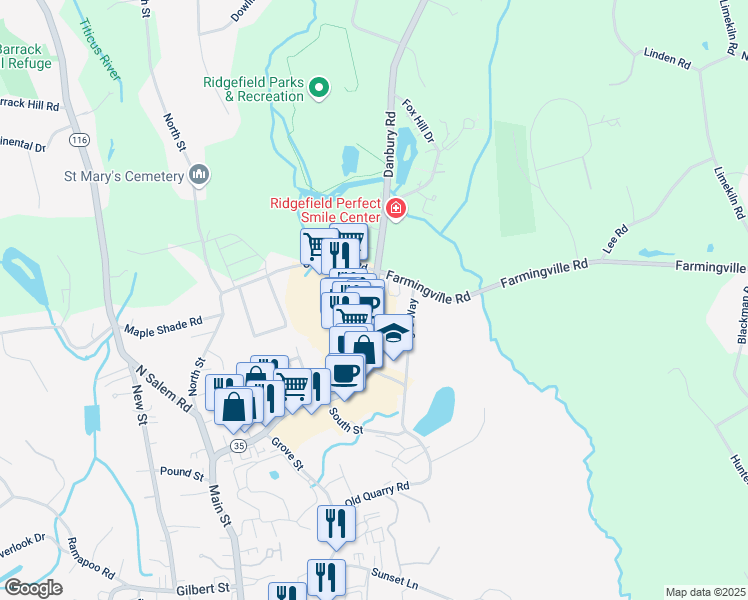 map of restaurants, bars, coffee shops, grocery stores, and more near 125 Danbury Road in Ridgefield