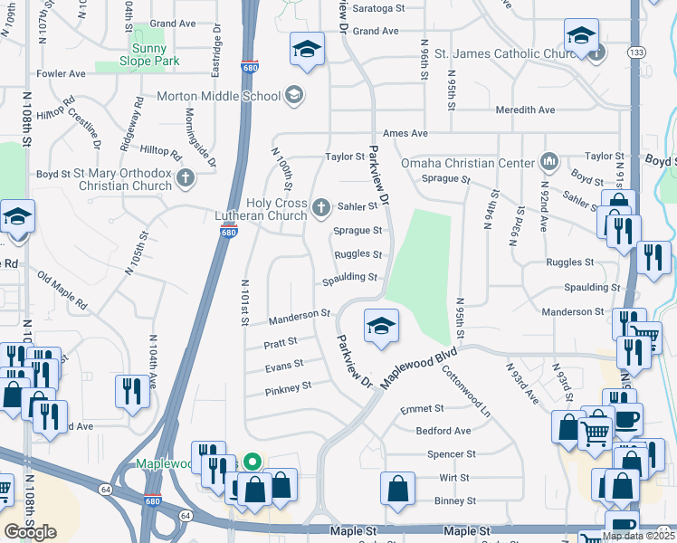 map of restaurants, bars, coffee shops, grocery stores, and more near 9640 Ruggles Street in Omaha