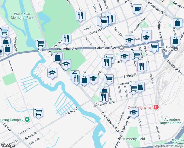 map of restaurants, bars, coffee shops, grocery stores, and more near 112 Frank Street in New Haven