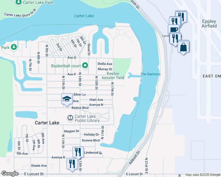 map of restaurants, bars, coffee shops, grocery stores, and more near 1545 Cachelin Drive in Carter Lake