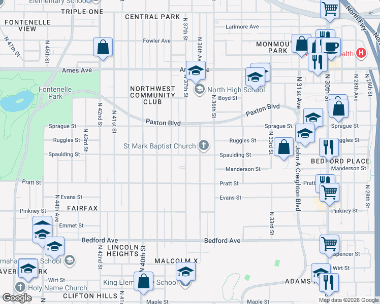 map of restaurants, bars, coffee shops, grocery stores, and more near 3931 North 37th Street in Omaha
