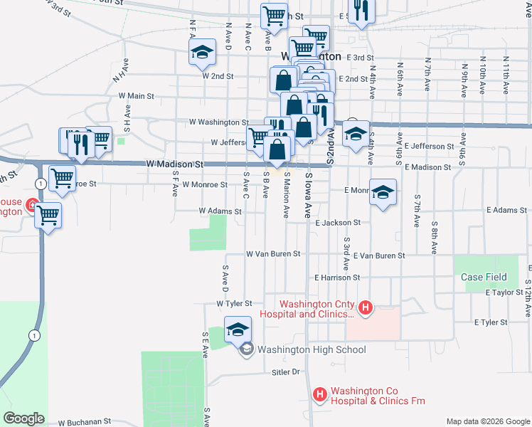 map of restaurants, bars, coffee shops, grocery stores, and more near 513 South B Avenue in Washington