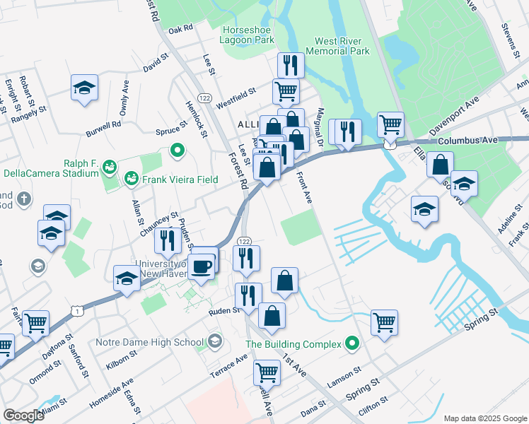 map of restaurants, bars, coffee shops, grocery stores, and more near 252 Boston Post Road in West Haven