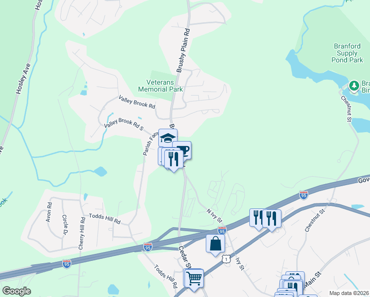 map of restaurants, bars, coffee shops, grocery stores, and more near 43 Brushy Plain Road in Branford