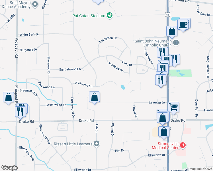 map of restaurants, bars, coffee shops, grocery stores, and more near 20182 Wildwood Lane in Strongsville