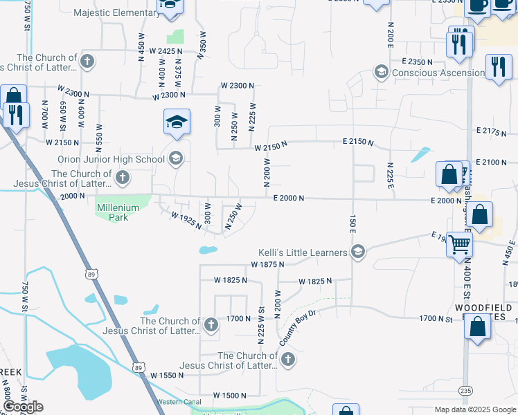 map of restaurants, bars, coffee shops, grocery stores, and more near 1982 North 225 West in Ogden