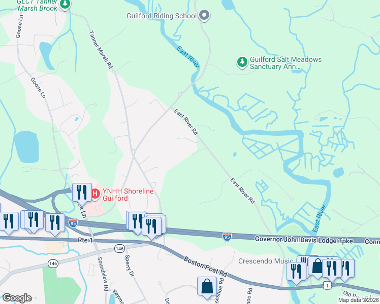 map of restaurants, bars, coffee shops, grocery stores, and more near 3 Stone Fence Lane in Guilford