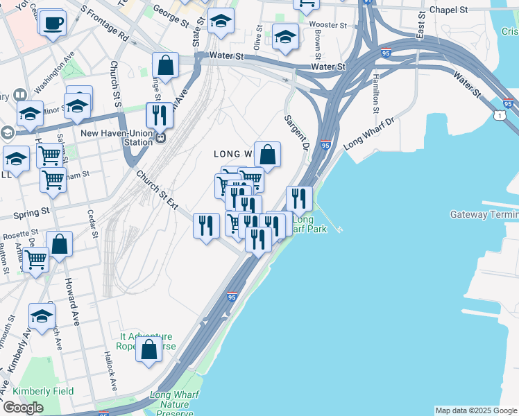 map of restaurants, bars, coffee shops, grocery stores, and more near 307 Food Terminal Plaza in New Haven