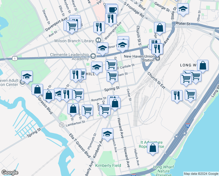 map of restaurants, bars, coffee shops, grocery stores, and more near 505 Howard Avenue in New Haven