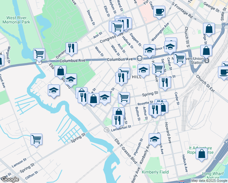 map of restaurants, bars, coffee shops, grocery stores, and more near 16 Truman Street in New Haven