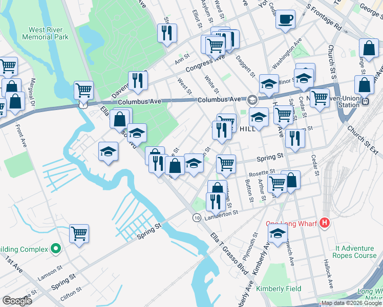 map of restaurants, bars, coffee shops, grocery stores, and more near 112 Frank Street in New Haven