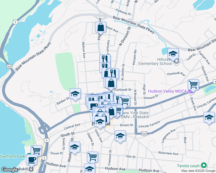 map of restaurants, bars, coffee shops, grocery stores, and more near 956 Orchard Street in Peekskill