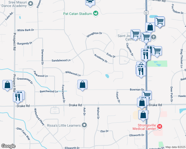 map of restaurants, bars, coffee shops, grocery stores, and more near 20182 Wildwood Lane in Strongsville