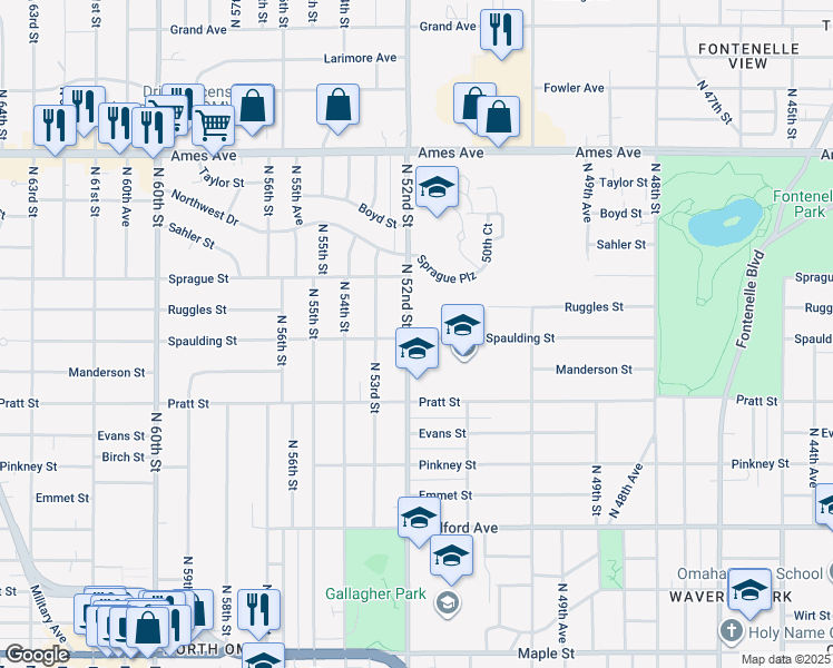 map of restaurants, bars, coffee shops, grocery stores, and more near in Omaha