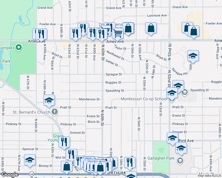 map of restaurants, bars, coffee shops, grocery stores, and more near 5822 Ruggles Street in Omaha