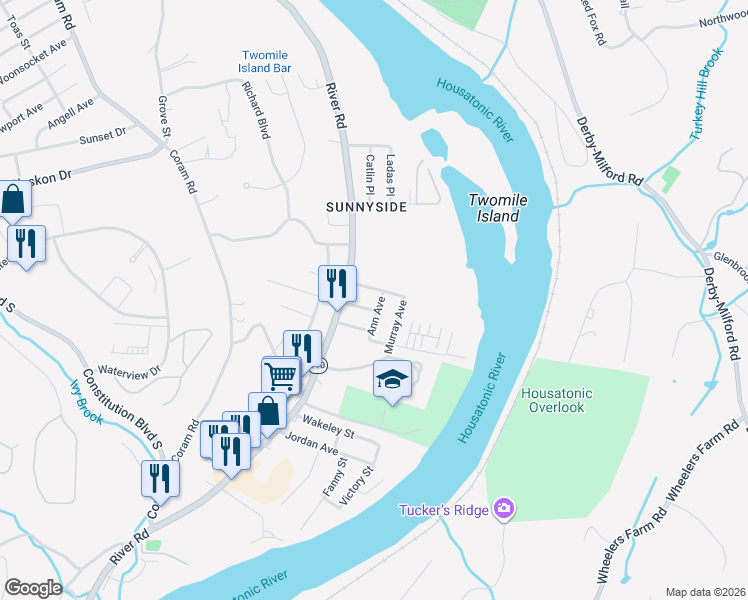 map of restaurants, bars, coffee shops, grocery stores, and more near 334 River Road in Shelton