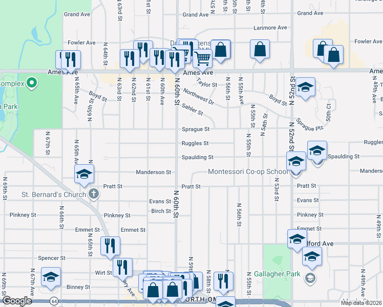 map of restaurants, bars, coffee shops, grocery stores, and more near 5822 Ruggles Street in Omaha