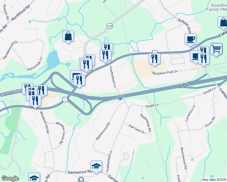 map of restaurants, bars, coffee shops, grocery stores, and more near 12 Featherbed Lane in Branford