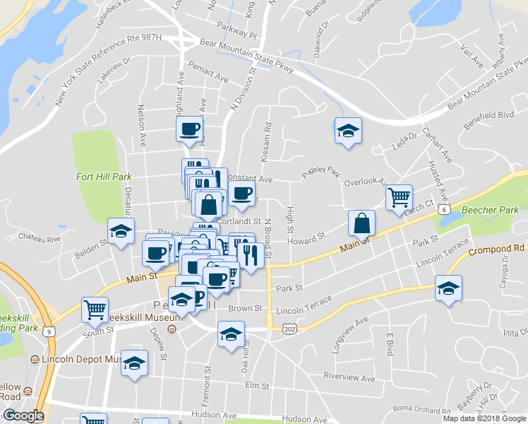 map of restaurants, bars, coffee shops, grocery stores, and more near 316 North Broad in Peekskill