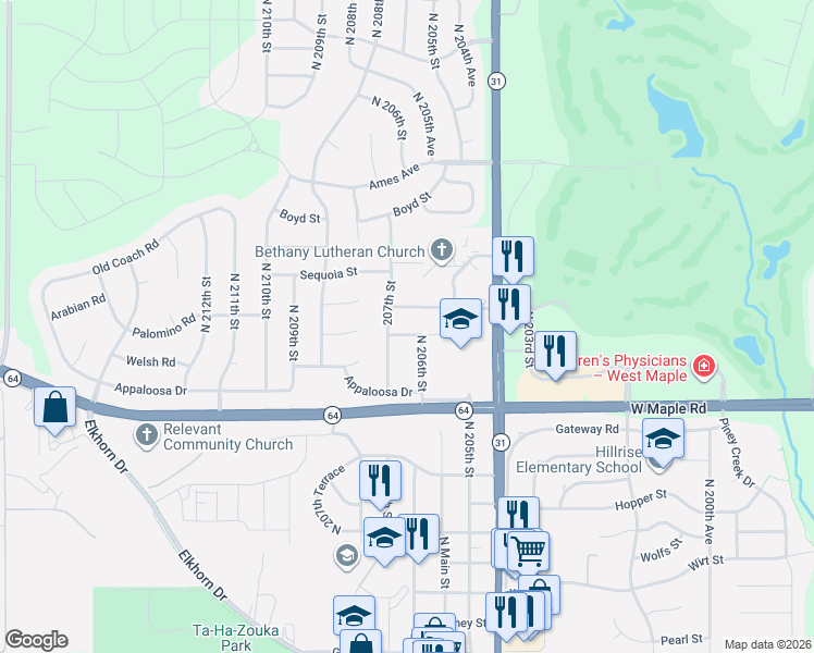 map of restaurants, bars, coffee shops, grocery stores, and more near 20618 Laramie Road in Omaha