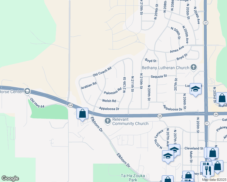 map of restaurants, bars, coffee shops, grocery stores, and more near 4005 North 213th Circle in Omaha