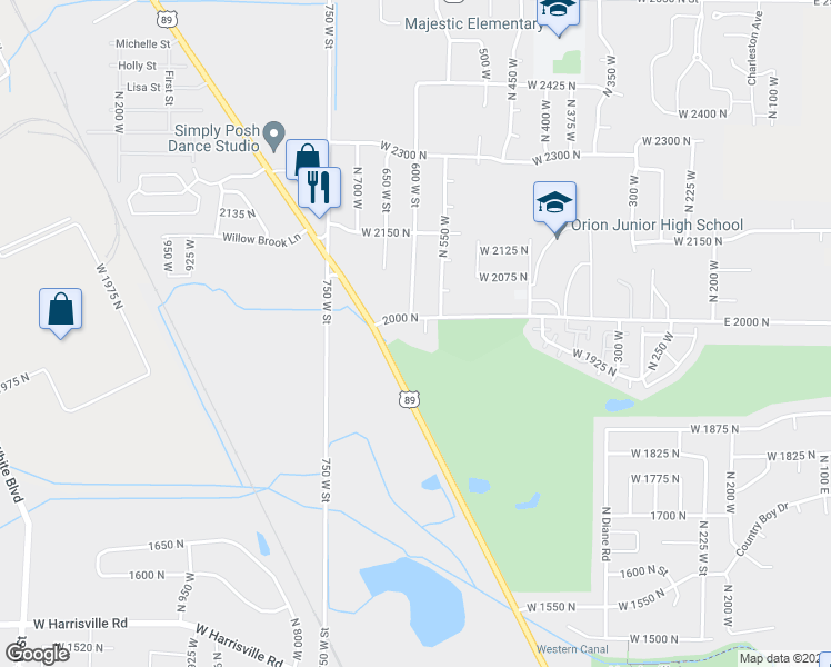 map of restaurants, bars, coffee shops, grocery stores, and more near 1989 North 575 West in Ogden