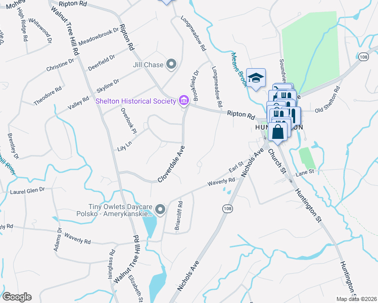 map of restaurants, bars, coffee shops, grocery stores, and more near 18 Cloverdale Avenue in Shelton