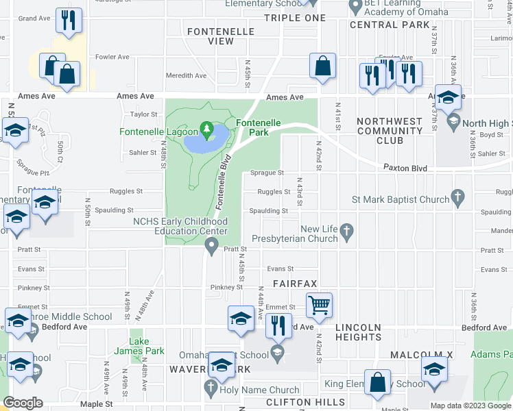 map of restaurants, bars, coffee shops, grocery stores, and more near 4458 Spaulding Street in Omaha