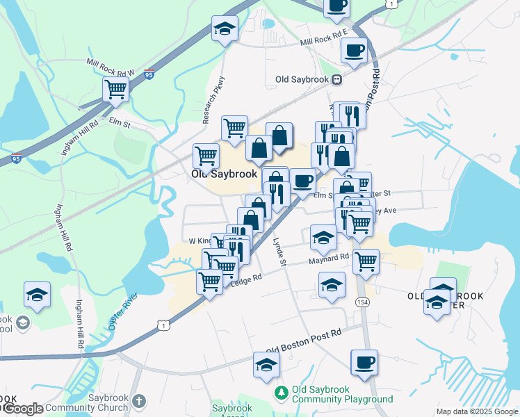 map of restaurants, bars, coffee shops, grocery stores, and more near 109 Lynde Street in Old Saybrook