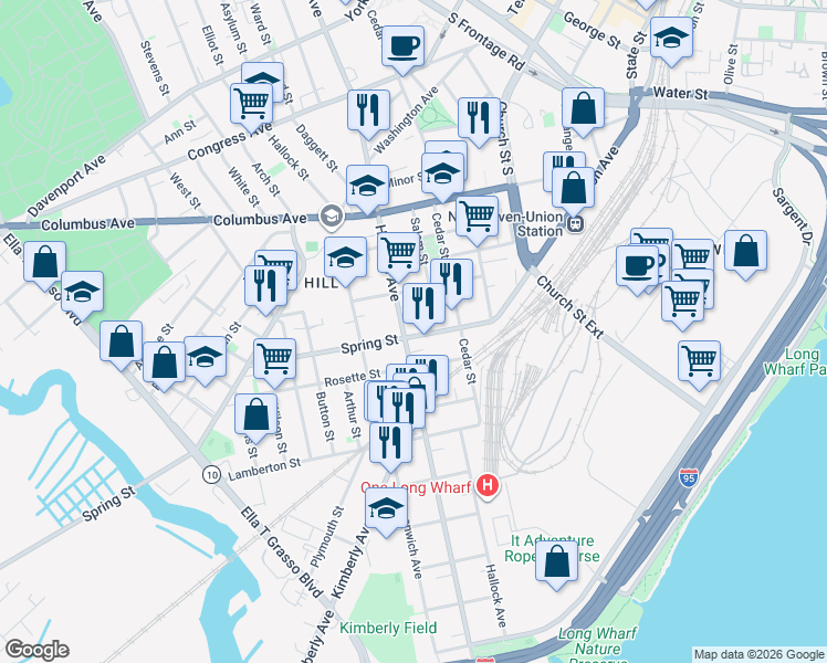 map of restaurants, bars, coffee shops, grocery stores, and more near 505 Howard Avenue in New Haven