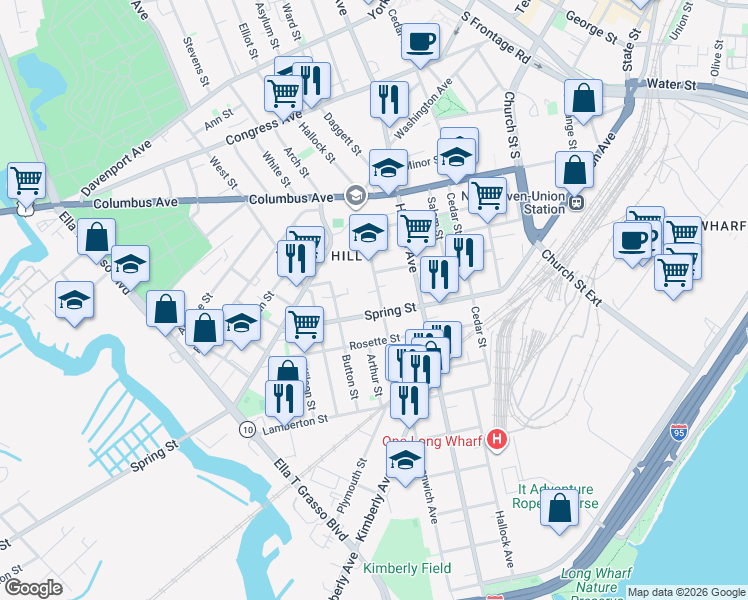 map of restaurants, bars, coffee shops, grocery stores, and more near 140 Dewitt Street in New Haven