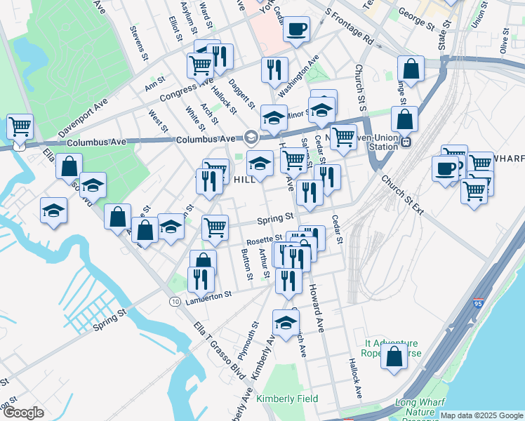 map of restaurants, bars, coffee shops, grocery stores, and more near 140 Dewitt Street in New Haven