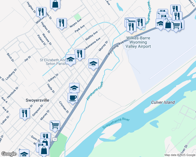 map of restaurants, bars, coffee shops, grocery stores, and more near 1729 Wyoming Avenue in Forty Fort