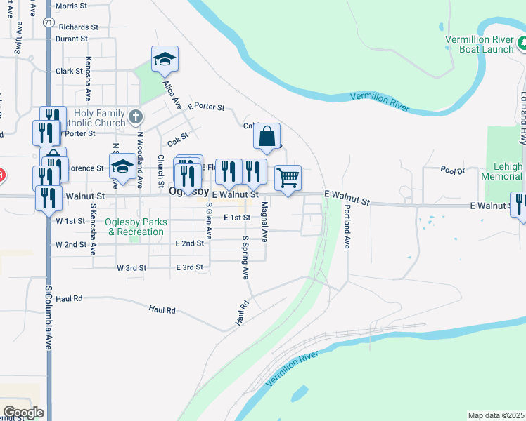 map of restaurants, bars, coffee shops, grocery stores, and more near 323 East Walnut Street in Oglesby