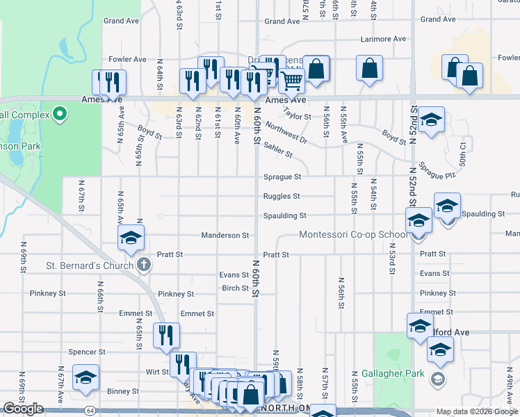 map of restaurants, bars, coffee shops, grocery stores, and more near 5850 Ruggles Street in Omaha