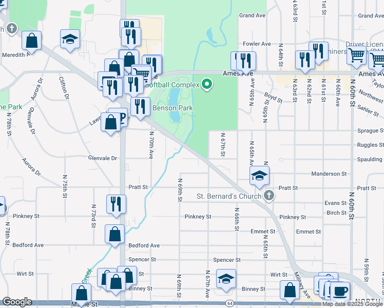 map of restaurants, bars, coffee shops, grocery stores, and more near 6780 Military Avenue in Omaha