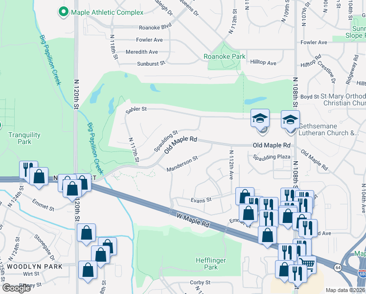 map of restaurants, bars, coffee shops, grocery stores, and more near 11415 Spaulding Street in Omaha