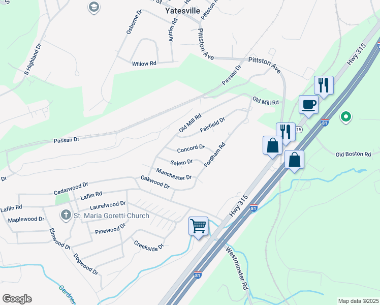 map of restaurants, bars, coffee shops, grocery stores, and more near 7 Concord Drive in Wilkes-Barre