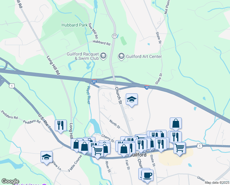 map of restaurants, bars, coffee shops, grocery stores, and more near 308 Church Street in Guilford