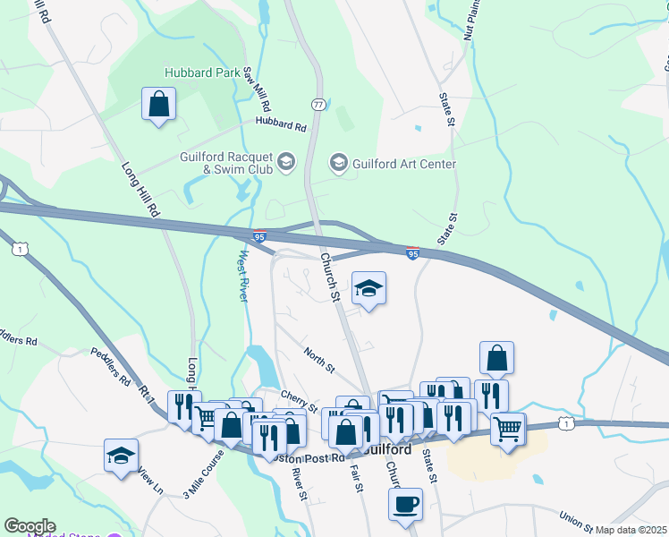 map of restaurants, bars, coffee shops, grocery stores, and more near 303 Church Street in Guilford