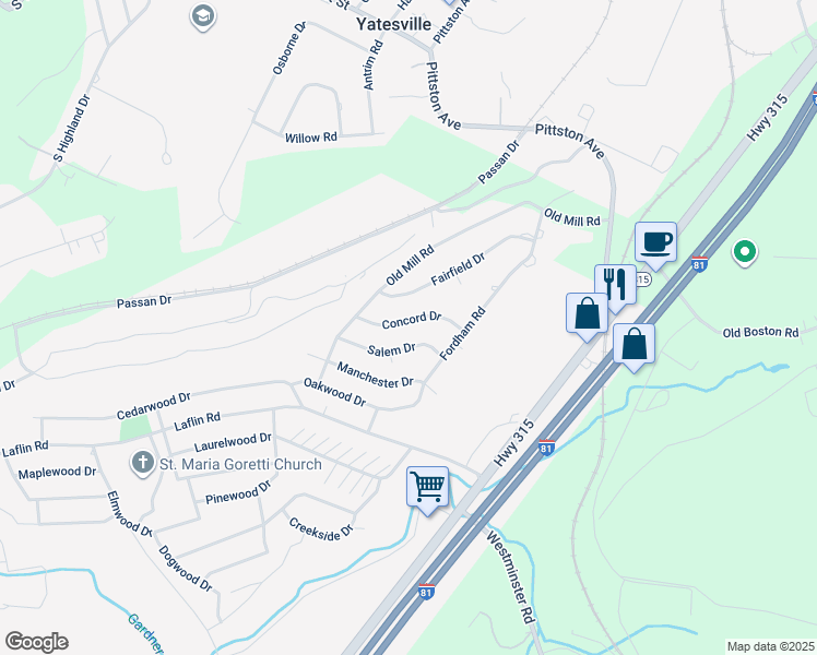map of restaurants, bars, coffee shops, grocery stores, and more near 7 Concord Drive in Wilkes-Barre