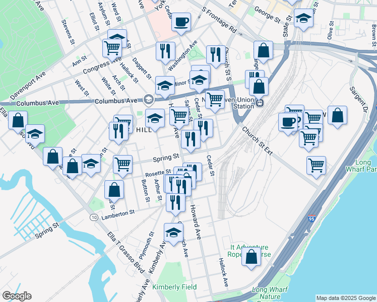 map of restaurants, bars, coffee shops, grocery stores, and more near 505 Howard Avenue in New Haven