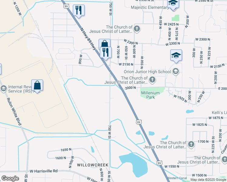 map of restaurants, bars, coffee shops, grocery stores, and more near 1900 750 West Street in Ogden