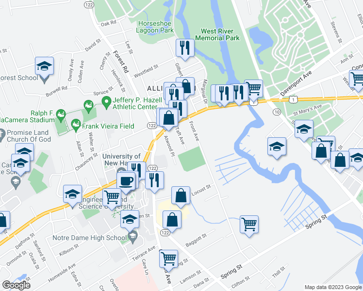 map of restaurants, bars, coffee shops, grocery stores, and more near 118 Taft Avenue in West Haven