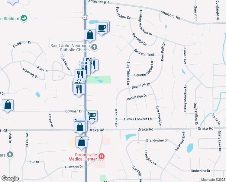 map of restaurants, bars, coffee shops, grocery stores, and more near 16647 Doe Circle in Strongsville