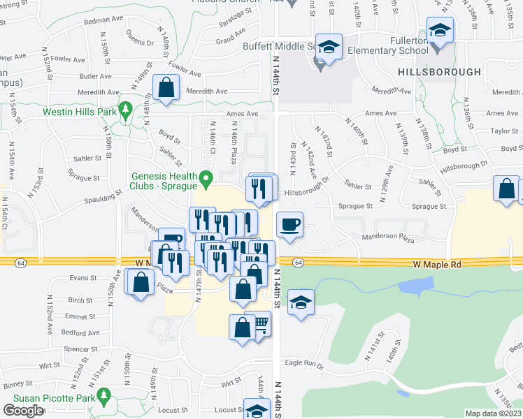 map of restaurants, bars, coffee shops, grocery stores, and more near 4018 North 144th Street in Omaha